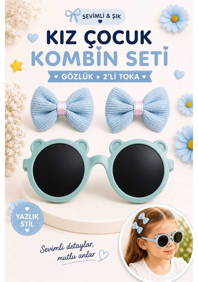 Kız Çocuk Kombin Seti Gözlük + 2 Li Toka Hafif, Şık Ve Yazlık Stil Mavi