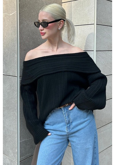 Madmext Siyah Madonna Yaka Kadın Kazak Mg2274 Siyah