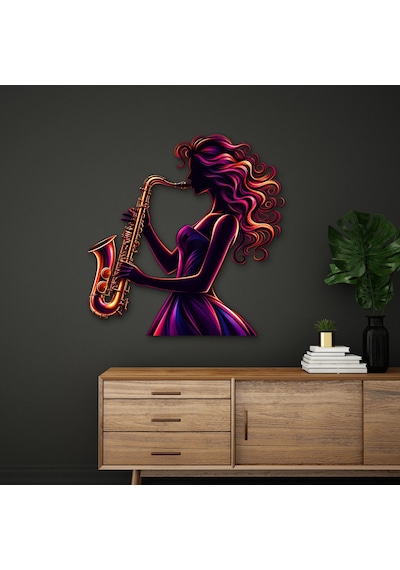 Neon Saksofoncu Kadın - Metal Tablo - Dec0243 70 X 72 Cm Çok Renkli