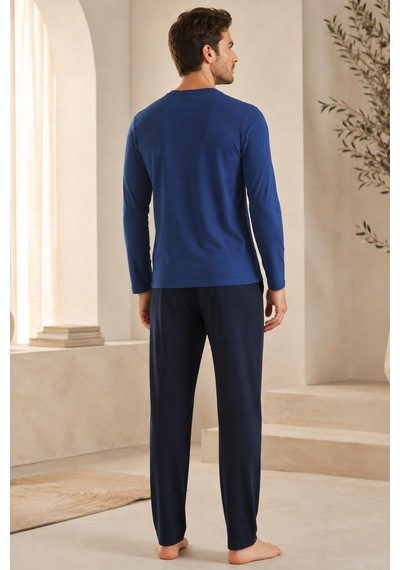 Loule Erkek Mavi %100 Pamuk Penye Uzun Kollu Pijama Takımı