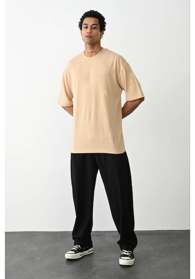 Barlashive Erkek Tişört Düz Basic Penye Yazlık Bisiklet Yaka Kısa Kol T-shirt - Bej Çok Renkli