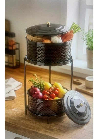 River World Tekerleksiz Rengi Siyah Açılabilen 2 Katlı Çok Amaçlı Metal Raf Mutfak, Balkon, Kiler Çok Renkli