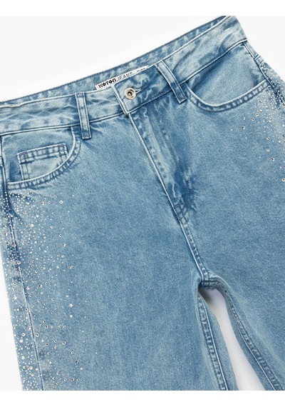 Koton Taş Detaylı Wide Leg İndigo Kadın Jean Pantolon 7wal40025md
