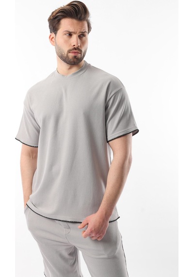 Madmext Boyalı Gri Nakış Detaylı Erkek Şort T-shirt Takım E7305 Boyalı Gri