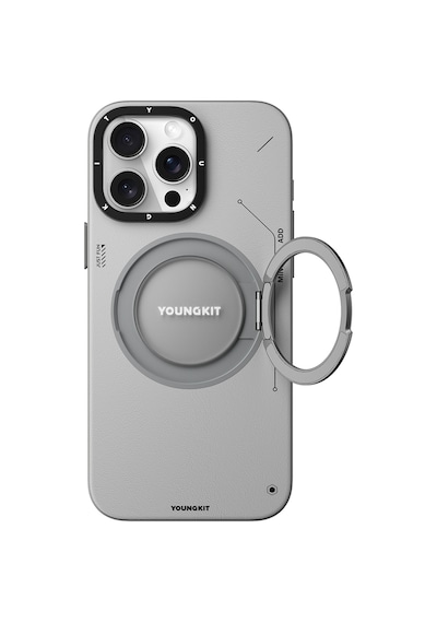 Apple Uyumlu iPhone 15 Pro Max Kılıf Magsafe Özellikli 360 Standlı Deri Desenli Youngkit Tech Leather Serisi Gri