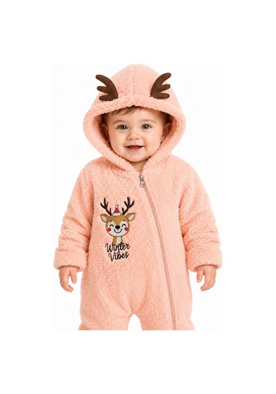 Tatlı Geyik Nakışlı Welsoft Peluş Kapüşonlu Fermuarlı Kışlık Unisex Bebek Tulumu 40212 Somon
