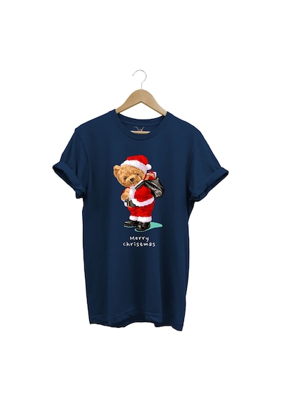 Yılbaşı Yeni Yıl Merry Christmas Sevimli Ayıcık Baskılı %100 Pamuk Regular Fit Lacivert T-shirt Lacivert