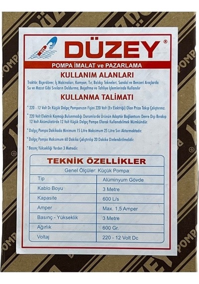 Düzey Alüminyum Gövde Küçük Dalgıç Transfer Pompası 12 Volt-220 V