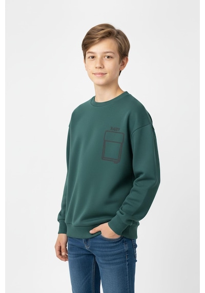 Baskı Detaylı Bisiklet Yaka Erkek Çocuk Sweatshirt-90914 Yeşil