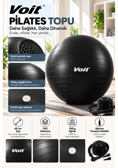 65 cm Pilates Topu Pompa Dahil Fitness ve Denge Egzersiz Topu Siyah