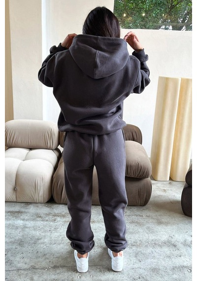 Basic Düz Eşofman Takımı Sweatshirt Jogger - Füme Oversize Şardonlu Kapüşonlu Füme