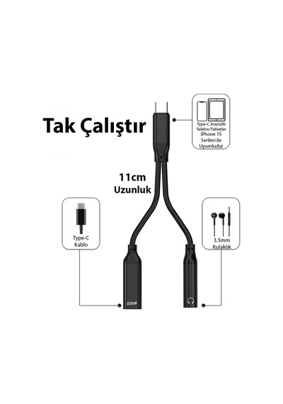 Ally iPhone Uyumlu 15 İçin Type-c Şarj + 3.5mm Kulaklık 2in1 Çevirici Adaptör- 5775 Renkli