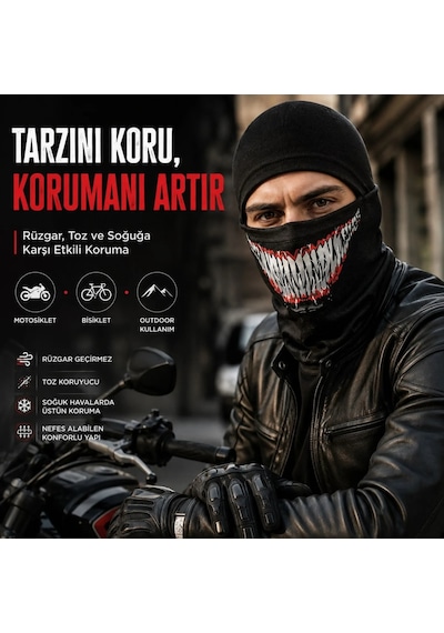 Biçomi Rüzgâr Geçirmez Kask İçi Nefes Alan Viskoz Tam Yüz Balaklava & Termal Boyunluk Unisex Siyah