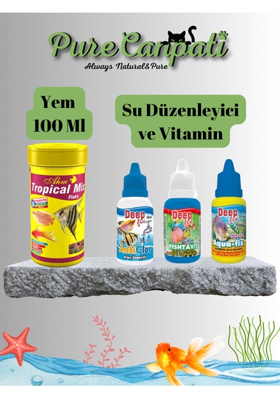 Purecanpati Akvaryum Balık Bakım Seti Tropical Mix Flake 100 Ml + Su Düzenleyici & Vitamin Seti