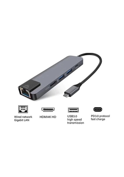 Type C To Pd+ssx2+hdtv+type C+rj45 Çevirici Adapter 5 Port