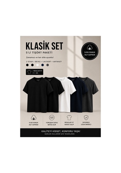 Masion Rae Erkek 5'li Basic Tişört Seti Regular Fit Bisiklet Yaka %100 Pamuk 30/1 Süprem Siyah-siyah-beyaz-lacivert-antrasit