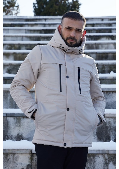 Spor Erkek Polarlı Kürklü Su Ve Rüzgar Geçirmez Kapüşonlu Mont Parka-100 Taş