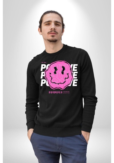 Positive Enerji Emoji Gülen Surat Unisex Siyah Sweatshirt Siyah
