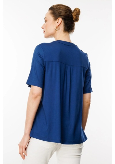 Desen Triko Kadın Yakası Düğmeli Penye T-shirt 25764 Indigo Indigo
