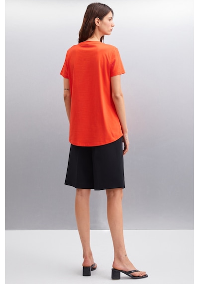 Grimelange Samantha Kadın %100 Organik Pamuklu Comfort Fit Arkası Uzun Basic Örme Kırmızı T-shirt Kırmızı
