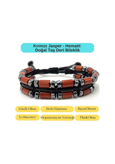 Yıldız Doğal Taş Kırmızı Jasper Ve Hematit Makrome Doğal Taş Deri Erkek Bileklik Çok Renkli