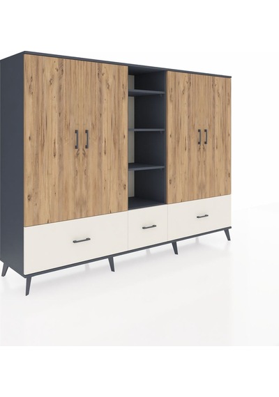 Hyperion Dolap 12 Raflı 3 Çekmeceli 4 Kapaklı 220x44x163 Antrasit Antrasit-çam/aytaşı