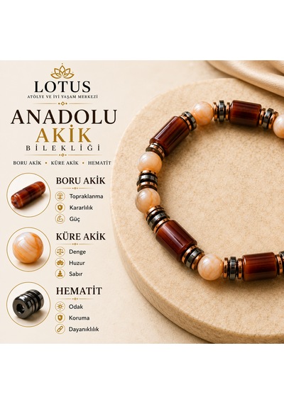 Anadolu Akik Premium Bilekliği Boru Akik, Küre Akik & Hematit