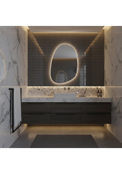 70x101 Cm Asimetrik Oval Led Banyo Aynası Dokunmatik Dim Edilebilir, 3000k Günışığı Sarı