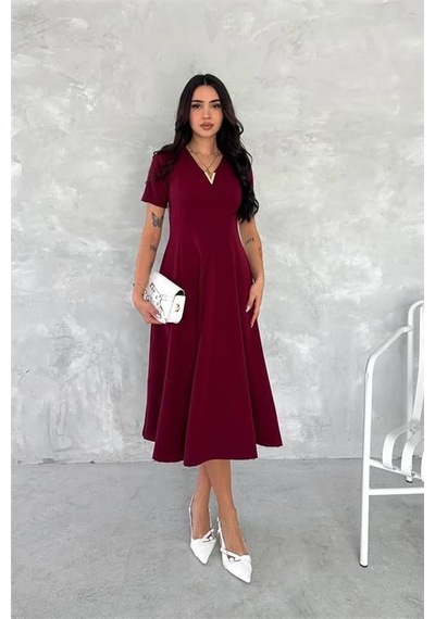 Dipmoda Kadın Esnek V-yaka Midi Boy Astarsız Elbise Dpk4179 Bordo