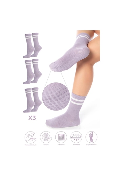 Saysez Bambu Kadın Kaydırmaz Taban Silikon Baskı Pilates Yoga Fitness Dans Aktivite Tenis Çorabı Lila 3'lü Renkli