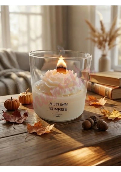 Mumelia Autumn Sunrise Şakayık Figürlü - Doğal Soya Cam Kavanoz Tasarım Mum - Beyaz