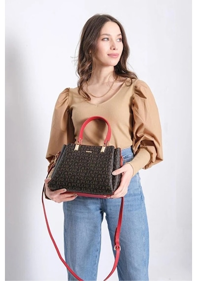 Just Polo Kadın Baskılı Ayarlanabilir Askılı Shopper El & Omuz Çantası Shoulder Bag Kahverengi - Kırmızı