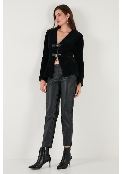 Lela Premium Regular Fit V Yaka Çift Kemerli Peluş Bayan Hırka 680Hi00112 Siyah