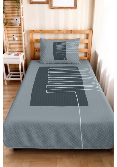 Geometrik Gri Genç Odası Tek Kişilik Pike Takımı - Modern Antrasit 160x220 Cm Kapitone Yatak Örtüsü Killi Ada Işıltısı