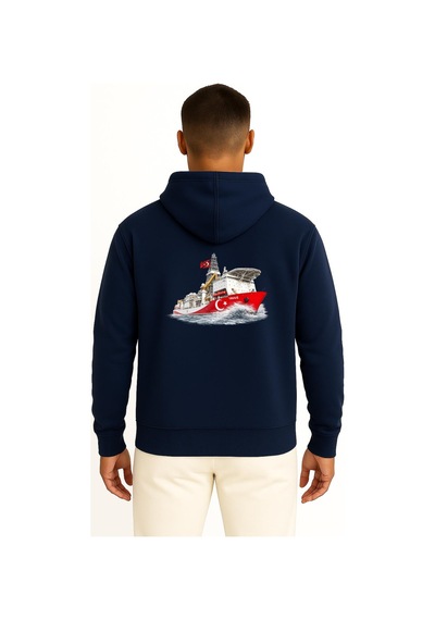 Bahriyeli Collection Kapüşonlu Yavuz Sondaj Gemisi Dalgalar Arası Göğüs Ve Sırt Baskılı Unisex Sweatshirt Lacivert