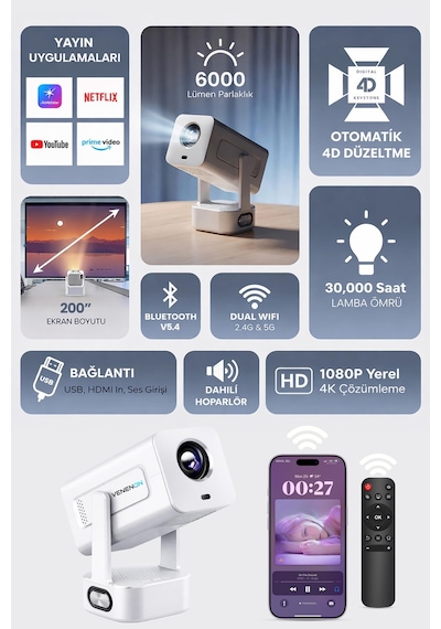 Profesyonel Akıllı Sinema Projeksiyon Cihazı Projektör Ekran Yansıtma Wifi Bluetooth 5.4 Sinema 602