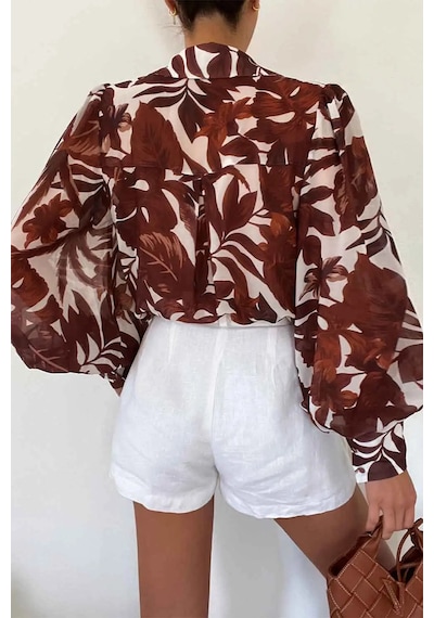 Aymer Fleetwood Blouse - Rahat Kesimli, Düğmeli, Uzun Püskül Kol Bluz Kahverengi