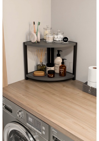 İki Raflı Banyo Köşe Oval Düzenleyici Organizer Raf Metal Gövdeli Çok Amaçlı Banyo Standı Antrasit