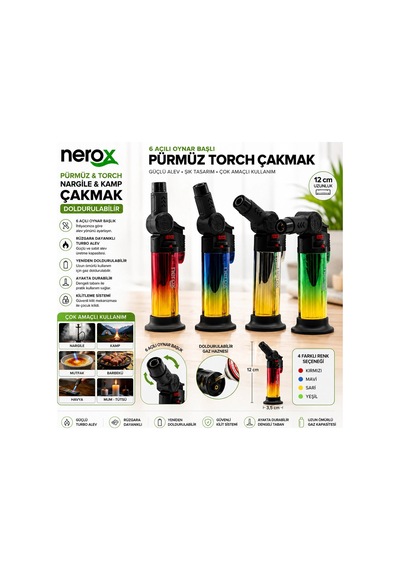 12 Adet Metalize Oynar Başlı Pürmüz - Torch - Kamp Çakmak Doldurulabilir Ayakda Durabilir Nrx-9305 5580 Çok Renkli