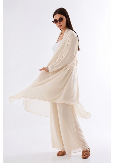 Bohem Stil Itayan Ipek Detaylı Oversize Kaftan- Pantolon Takım Krem