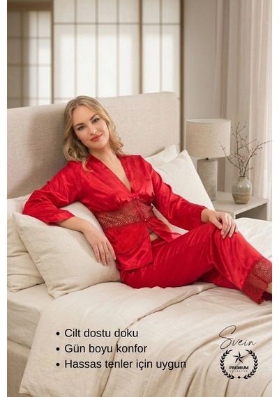 Svein Pijama Kırmızı Saten Kadın Pijama Takımı Rahat Ev Giyim Günlük Ve Çeyizlik Nefes Alabilen Yumuşak Kırmızı