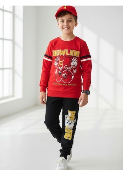 Zekids Erkek Çocuk Pamuklu Bowling Baskılı Pijama Takımı-16821 Kırmızı