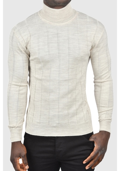 Deepsea Erkek Bej Slim Fit Likralı Tam Balıkçı Yaka Çizgili Boğazlı Kazak 2505504 Bej