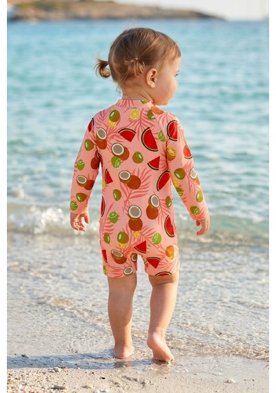 Zuzunga Summer Fruit Desenli Kız Bebek Uzun Kollu Fermuarlı Tulum Mayo