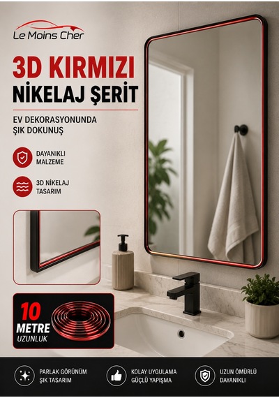 3d Kırmızı Nikelaj Şerit 10 Metre Raf Masa Dolap Dekoratif Çıtası