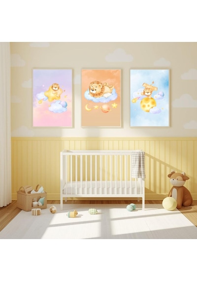 Besay Küçük Kralın Rüyası Yavru Aslanlı Suluboya Gezegen Ve Bulut Temalı Bebek Odası Posteri 3'lü Çocuk Odası Poster Seti A