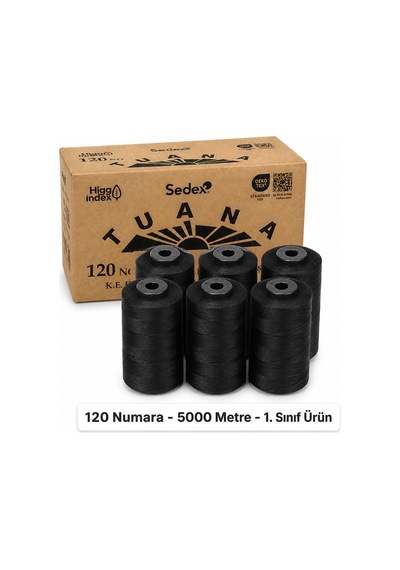 Tuana Polyester Dikiş İpliği 120 Numara 5000 Metre Siyah 6'lı Bobin Makine İpi Konfeksiyon Dikiş İpi