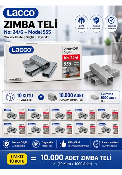 Lacco 24/6 Zımba Teli 10 Kutu 10000 Adet No:555 Metal Zımba Teli Ofis Okul Kırtasiye