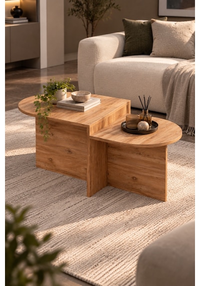 Sulorahome Kademeli Oval Orta Sehpa Kahverengi Atlantik Çam Desenli