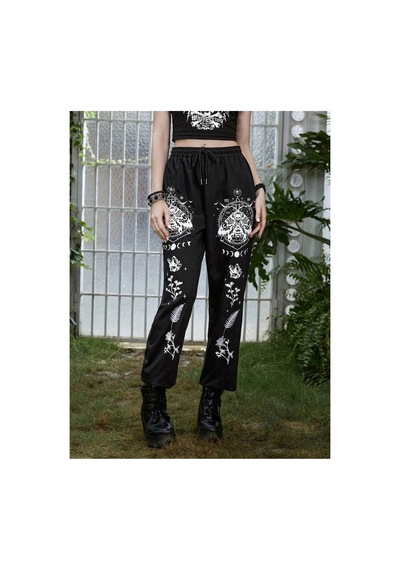 Tarzsokak Goth Skull Graphic Drawstring Waist 4 Mevsim Eşofman Siyah